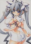  ass back backless_outfit bent_over blue_eyes blue_ribbon breast_squeeze breasts colored_pencil_(medium) dress dungeon_ni_deai_wo_motomeru_no_wa_machigatteiru_darou_ka from_behind grey_hair hair_ornament hestia_(danmachi) large_breasts long_hair looking_at_viewer looking_back marker_(medium) millipen_(medium) no_gloves rei_no_himo ribbon short_dress silver_hair simple_background slit_pupils smile solo string traditional_media twintails uneven_eyes very_long_hair white_background white_dress yutakasan-love 