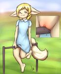  2015 anthro aogami barefoot blonde_hair blush canine clothed clothing cub female fennec fox hair jeffybunny_(artist) mammal masturbation public pussy pussy_juice rubbing solo young 