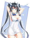  arm_ribbon armpits arms_up black_hair blue_eyes blue_ribbon blush breasts cleavage cleavage_cutout dress dungeon_ni_deai_wo_motomeru_no_wa_machigatteiru_darou_ka gloves hair_ornament hair_ribbon hestia_(danmachi) large_breasts long_hair looking_at_viewer okitakung rei_no_himo ribbon solo twintails twitter_username white_dress white_gloves 