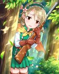  aqua_hairband blonde_hair boots bow brown_eyes drill_hair earrings gloves gun hairband holding idolmaster idolmaster_cinderella_girls jewelry leaf looking_at_viewer morikubo_nono official_art open_mouth pleated_skirt rifle skirt solo sweatdrop tree twin_drills weapon 