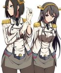  adjusting_clothes adjusting_gloves black_eyes black_hair breasts brown_eyes cosplay glasses gloves hairband haruna_(kantai_collection) highres kantai_collection katori_(kantai_collection) katori_(kantai_collection)_(cosplay) kirishima_(kantai_collection) large_breasts long_hair matching_outfit md5_mismatch miniskirt multiple_girls pantyhose sblack short_hair skirt uniform 