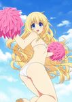  amagi_brilliant_park ass bikini blonde_hair blue_eyes blush day drill_hair flat_ass flat_chest hakui_ami highres latifa_fleuranza long_hair looking_at_viewer open_mouth pom_poms side-tie_bikini sky smile solo swimsuit twisted_torso very_long_hair white_bikini 