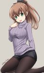  :d alternate_costume black_legwear breasts brown_hair fuuma_nagi green_eyes grey_background hair_ornament highres kantai_collection kumano_(kantai_collection) large_breasts long_hair looking_at_viewer miniskirt open_mouth pantyhose ponytail ribbed_sweater simple_background sitting skirt smile solo sweater twitter_username 