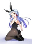  animal_ears ass back bare_shoulders black_footwear blue_hair blush bunny_ears bunny_tail bunnysuit full_body hair_ornament hair_ribbon high_heels highres hime_cut kantai_collection kneeling long_hair looking_back murakumo_(kantai_collection) nino_(shira) open_mouth orange_eyes pantyhose ribbon shoes simple_background solo tail wrist_cuffs 