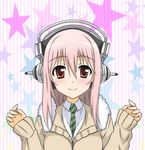  between_breasts blush breasts er34skyline headphones large_breasts long_hair looking_at_viewer necktie necktie_between_breasts nitroplus pink_hair red_eyes smile solo super_sonico 