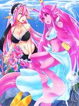  bare_shoulders bikini bikini_skirt breasts bubble cleavage closed_eyes drill_hair fish gills head_fins highres jellyfish large_breasts long_hair mermaid meroune_lorelei miniskirt monster_girl monster_musume_no_iru_nichijou multiple_girls navel pink pink_eyes pink_hair pink_sclera pink_skin scales shiny shiny_skin skirt starfish swimsuit tanpopo_hayabusa-maru underwater very_long_hair webbed_hands 