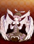  animal_ears black_legwear bowed_wings danbo_(rock_clime) hat head_wings highres large_wings mystia_lorelei pink_hair red_eyes seiza short_hair sitting solo steepled_fingers thighhighs touhou winged_hat wings 