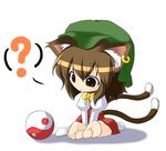  ? animal_ears ball bow brown_hair cat_ears cat_tail chen chibi earrings hat jewelry kyuu_you multiple_tails short_hair solo tail touhou yin_yang 