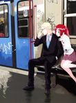  1girl adjusting_eyewear aida_yuu alessandro_ricci blonde_hair casual formal glass glasses green_eyes ground_vehicle gunslinger_girl necktie petrushka red_hair short_hair sitting skirt suit train_interior 