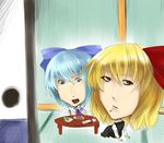  bad_id bad_pixiv_id big_head blonde_hair blue_eyes blue_hair bow cigarette cirno eating hair_bow hair_ribbon mizuga multiple_girls red_eyes ribbon rumia short_hair smoking touhou wings 