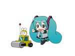  :d animated animated_gif antennae aqua_eyes aqua_hair chibi detached_sleeves hatsune_miku kagamine_rin long_hair mameshiba necktie open_mouth simple_background skirt smile sparkle steamroller toy twintails very_long_hair vocaloid walking 