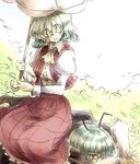  antennae ascot cape closed_eyes green_eyes green_hair kazami_yuuka lying monokuro_mo multiple_girls on_stomach plaid plaid_skirt plaid_vest short_hair sitting sitting_on_person skirt skirt_set smile touhou umbrella vest wriggle_nightbug 