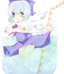  blue_hair cirno cup dress drinking_straw hair_ribbon in_container in_cup minigirl nayuta_(scarlet-noize) ribbon snowflakes solo touhou wings 