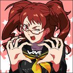  atlus brown_eyes earrings glasses jewelry kon_(pixiv31474) kujikawa_rise long_hair lowres persona persona_4 red_hair redhead school_uniform twintails uniform wink 