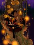  animal blonde_hair book cape cat curly_hair glowing halloween hat jack-o'-lantern luke_uehara original pumpkin skull solo tree wand witch witch_hat 