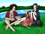  barefoot brown_hair female fuu geta group japanese_clothes jin kimono laugh long_hair male messy_hair mugen outdoors samurai_champloo sitting tickle tickled tickling tickling_tickle_tickled 