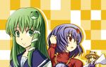  :o adjusting_hair alternate_costume arm_up blonde_hair frog gin'ichi_(akacia) green_eyes green_hair hair_ornament hands kochiya_sanae moriya_suwako multiple_girls purple_hair red_eyes school_uniform serafuku sleeves_past_wrists snake touhou upper_body waving wide_sleeves yasaka_kanako yellow_eyes 