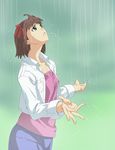  amami_haruka bad_id bad_pixiv_id brown_hair casual green_eyes hair_ribbon idolmaster idolmaster_(classic) looking_up rain ribbon solo thesale wet 