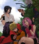  3boys black_hair blonde_hair day green_eyes grey_hair haruno_sakura hatake_kakashi katana luke_uehara mask multiple_boys naruto naruto_(series) ninja outdoors pink_hair scroll sky smile sword team7 uchiha_sasuke uzumaki_naruto weapon 