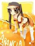  arancia bare_shoulders black_hair food food_themed_clothes fruit kurot leaning_forward midriff orange orange_(color) orange_eyes orange_skirt original skirt solo thighhighs twintails visor_cap white_legwear wrist_cuffs 