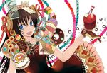  bad_id bad_pixiv_id black_hair blue_eyes cake dress food food_themed_clothes gloves long_hair ninomoto open_mouth original pastry solo sweets 
