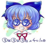  1girl blue_hair cirno funny_glasses glasses grin iris_anemone ribbon smile solo touhou 