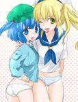  blonde_hair blue_eyes blue_hair blue_sailor_collar hat kawashiro_nitori kitashirakawa_chiyuri machiko_(beard) multiple_girls no_pants one_eye_closed open_mouth panties sailor sailor_collar smile striped striped_panties touhou touhou_(pc-98) twintails two_side_up underwear yellow_eyes 