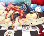  :p animal_ears cat_ears flower food green_eyes luke_fon_fabre male_focus mieu nanatomi_yuki petals red_flower red_hair red_rose rose solo stuffed_toy tail tales_of_(series) tales_of_the_abyss thighhighs tongue tongue_out 
