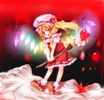  blonde_hair cake flandre_scarlet food fork hat in_food minigirl mushirou one_side_up pastry ponytail red_eyes short_hair solo touhou wings 