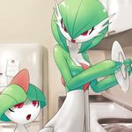  1girl angry bad_id bad_pixiv_id breasts dish dishwashing gardevoir gen_3_pokemon holding kitchen medium_breasts mother_and_son motherly nme no_humans open_mouth poke_ball pokemon pokemon_(creature) ralts red_eyes refrigerator 