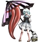  bad_id bad_pixiv_id blue_hair geta heterochromia highres karakasa_obake purple_umbrella short_hair solo tatara_kogasa tongue touhou umbrella wasabi_karasi 