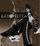  bayonetta bayonetta_(character) black_hair crossed_legs glasses gun legs_crossed long_hair looking_down smoke smoking_gun weapon 