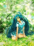  aqua_eyes aqua_hair bad_id bad_pixiv_id coral_(artist) dress flower hair_flower hair_ornament hatsune_miku long_hair short_dress sitting smile solo twintails very_long_hair vocaloid 