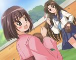  bangs baseball baseball_mitt blunt_bangs brown_eyes brown_hair dutch_angle japanese_clothes ki_(adotadot) kimono long_hair multiple_girls ogasawara_akiko school_uniform serafuku short_hair skirt suzukawa_koume taishou_yakyuu_musume 