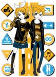  1girl blonde_hair blue_eyes boots brother_and_sister infinity kagamine_len kagamine_rin m-minato pants ribbon road_sign siblings sign skirt smile thighhighs twins vocaloid 