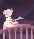  back bad_id balcony bare_shoulders bat_wings black_sky closed_mouth cloud cloudy_sky full_body full_moon hat lavender_hair looking_at_viewer looking_back mob_cap moon nayuta_(scarlet-noize) night night_sky pink_shirt pink_skirt red_eyes red_moon remilia_scarlet shirt short_hair sitting skirt sky solo touhou wings 