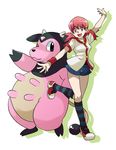  akane_(pokemon) armband bad_id bad_pixiv_id breasts gen_2_pokemon gym_leader hair_ornament kotoraya medium_breasts miltank one_eye_closed open_mouth pink_eyes pink_hair pokemon pokemon_(creature) pokemon_(game) pokemon_hgss shorts smile socks striped striped_legwear twintails udder 