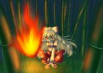  bad_id bad_pixiv_id bamboo bamboo_forest bow fire flame forest fujiwara_no_mokou hair_bow hair_ribbon highres long_hair mei_(jewel_at_time) nature red_eyes ribbon silver_hair solo squatting suspenders touhou 