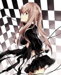  arms_behind_back bikini_top black_rock_shooter black_rock_shooter_(character) black_rock_shooter_(character)_(cosplay) blue_eyes checkered checkered_background coat cosplay long_hair megurine_luka panties pink_hair ponytail skirt solo underwear utae_kotori vocaloid white_panties 