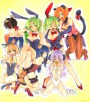  6+girls :d animal_ears blonde_hair breast_grab breasts bunny_ears bunny_girl bunny_tail bunnysuit cat_ears cat_tail cleavage cream_puff crossdressing crossed_legs detached_collar everyone fang fishnet_pantyhose fishnets food furude_rika grabbing hanyuu high_heels higurashi_no_naku_koro_ni houjou_satoko kittysuit large_breasts legs leotard maebara_keiichi monster_girl multiple_girls older open_mouth panther_ears pantyhose pastry playboy_bunny_leotard raccoon_ears raccoon_tail ribbon ryuuguu_rena sheep_girl shino_satoru shoes siblings sisters sitting smile sonozaki_mion sonozaki_shion tail tail_ribbon tailcoat tears twins vest wrist_cuffs yuri 