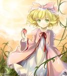  2009 blonde_hair bow dated dress food fruit green_eyes hina_ichigo holding holding_food holding_fruit mtyy object_namesake pink_bow rozen_maiden strawberry 