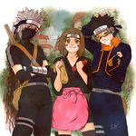  2boys black_hair brown_eyes brown_hair goggles hatake_kakashi headband luke_uehara mask multiple_boys naruto naruto_(series) ninja nohara_rin outdoors pouch ribbon short_hair silver_hair smile spiked_hair uchiha_obito 