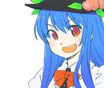  blue_hair blush food fruit hat hinanawi_tenshi katou_haruaki leaf long_hair open_mouth peach red_eyes ribbon smile solo touhou 