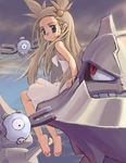  1girl barefoot brown_hair creature dress feet gym_leader jasmine long_hair lowres magnemite mikan_(pokemon) mimolette_(mimo) outdoors pokemon saitou_mikado_kuni soles steelix toes 