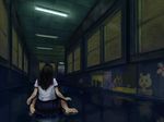  back barefoot black_hair catcar0983 commentary_request drawing faces hallway horror_(theme) long_hair original school school_uniform skirt soles solo 