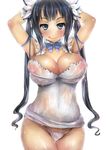  :q armpits arms_up black_hair blue_eyes blue_ribbon blush bow bowtie breasts covered_navel covered_nipples dungeon_ni_deai_wo_motomeru_no_wa_machigatteiru_darou_ka hestia_(danmachi) ishikei_(style) large_breasts long_hair looking_at_viewer nipples panties rei_no_himo ribbon riri_(narikeen) see-through simple_background skindentation smile solo thong tongue tongue_out twintails underwear wet wet_clothes white_background 