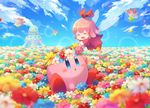  :d ^_^ afloat blue_eyes blue_sky blush closed_eyes cloud cloudy_sky commentary_request day dress fairy fairy_wings field flower flower_field hair_ornament head_wreath hitotubosi kirby kirby_(series) kirby_64 long_sleeves nature open_mouth petals pink_hair red_ribbon ribbon ribbon_(kirby) short_hair sitting sky smile wings 