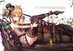 antenna_hair bad_id bad_pixiv_id bespectacled black_legwear blonde_hair bow character_name couch flandre_scarlet glasses hair_bow hair_ribbon hat looking_at_viewer mini_hat mini_top_hat red_eyes ribbon side_ponytail sitting smile solo soulkiller thighhighs thighs top_hat touhou wings zettai_ryouiki 