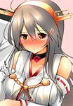  1girl admiral_(kantai_collection) ahoge arm_hug bare_shoulders black_hair blush breast_squeeze breasts brown_eyes collarbone full-face_blush hair_ornament hairclip haruna_(kantai_collection) headgear heart heart-shaped_pupils highres kantai_collection large_breasts long_hair nontraditional_miko pink_background ribbon-trimmed_sleeves ribbon_trim simple_background symbol-shaped_pupils tsukui_kachou upper_body 