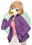  black_eyes blush brown_hair eating hand_in_pocket looking_at_viewer miyamori_aoi shirobako short_hair solo yamamoto_shima 